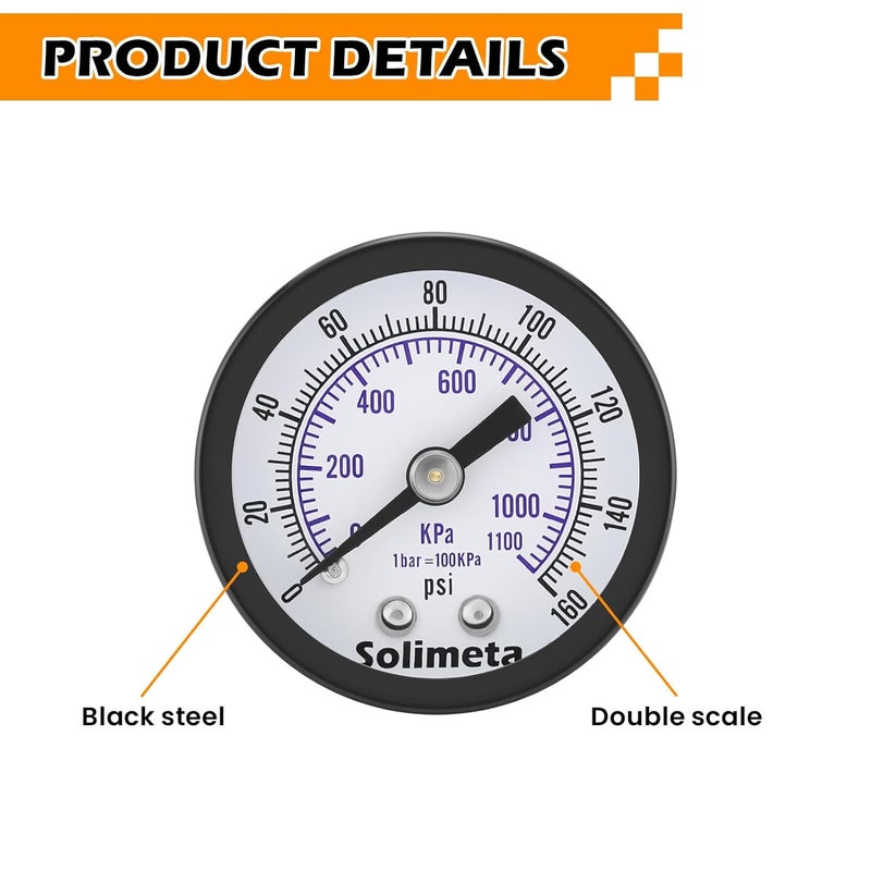 Solimeta Air Pressure Gauge for Air Compressor Air Filter, 1-1/2" Dial Center Back Mount, 1/8" NPT,0-160 Psi, 2 PCS - Image 2